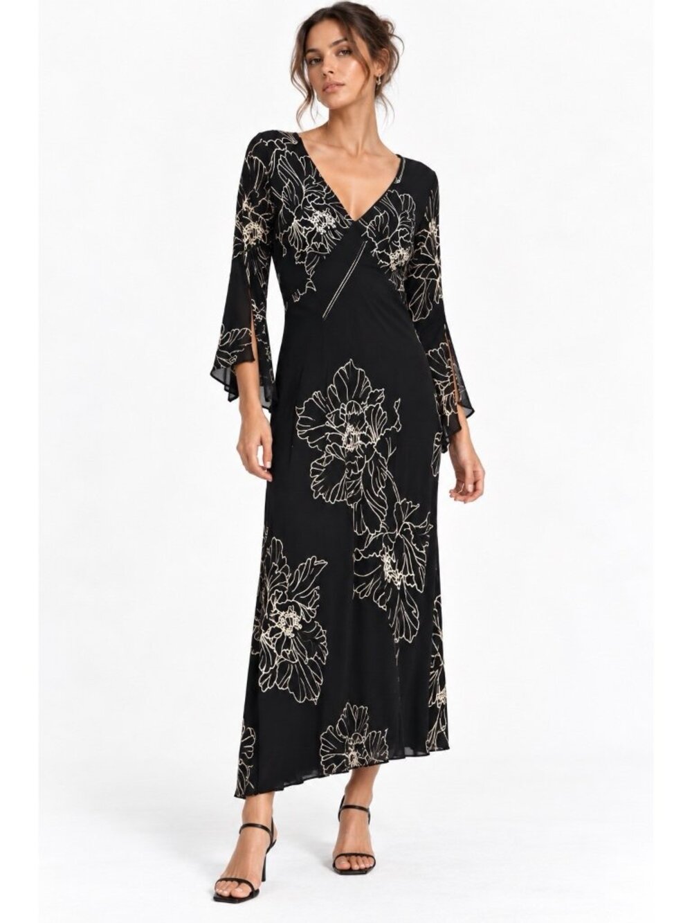vintage 90s BLACK FLORAL MESH midi dress SMALL asymmetrical hem witchy romantic